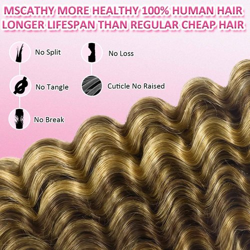 MSCATHY 4/27# Human Braiding Hair for Boho Braids 100g Color 4/27# Bulk Deep Wave Human Hair for Braiding Ombre Blonde Brown Highlight 100% Brazilian Human Hair 18inch for Boho Braids 12A
