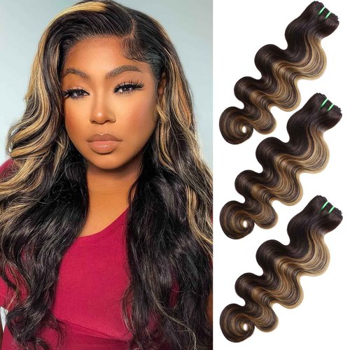 HERMOUS 13A Double Drawn Honey Blonde Highlight FB27 Bundles Body Wave Human Hair, Black With Honey Brown Highlight Human Hair 3 Bundles Unprocessed Remy Hair F1B/27 Ombre Hair Extension 12 14 16 Inch