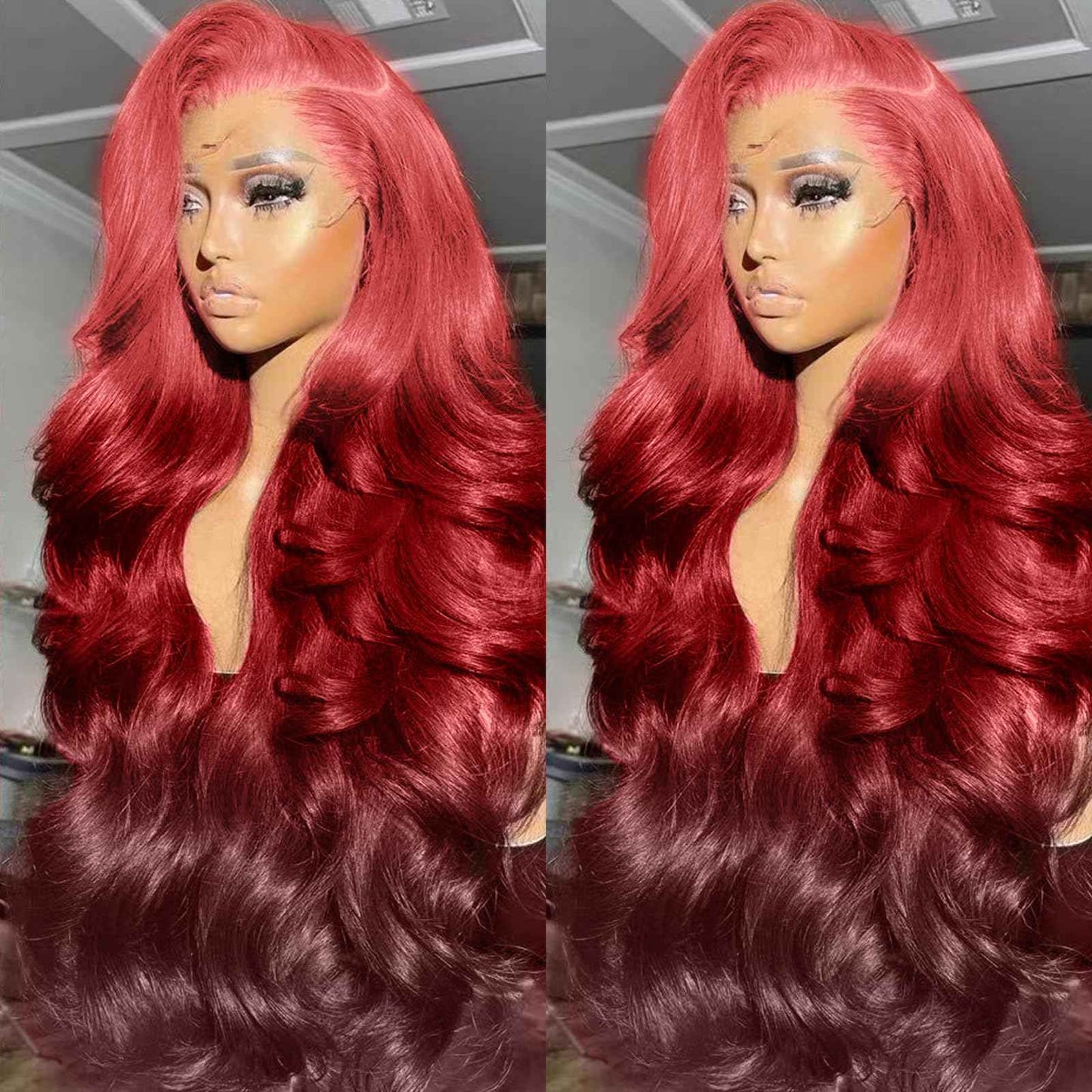 GGEDUO Ombre Rose Pink Lace Front Wigs Human Hair Body Wave Glueless Red and Dark Burgundy Ends Human Hair Wigs for Women Pre Plucked with Baby Hair 3 Tones Gradient Pink Candy Color 24 Inch