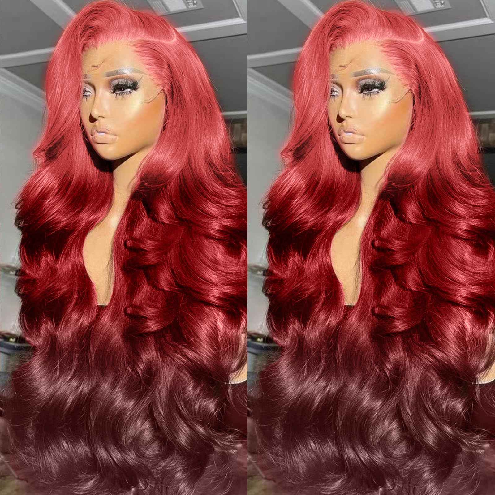 GGEDUO Ombre Rose Pink Lace Front Wigs Human Hair Body Wave Glueless Red and Dark Burgundy Ends Human Hair Wigs for Women Pre Plucked with Baby Hair 3 Tones Gradient Pink Candy Color 24 Inch