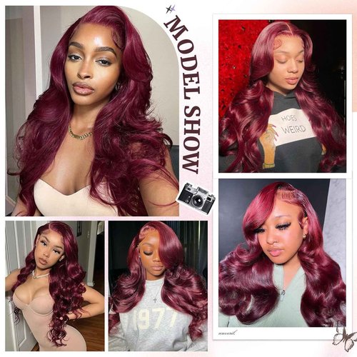 DSEKCAIN 2x6 HD Lace Closure Human Hair Body Wave 99J Burgundy Dark Red Wine Color Transparent Lace Closure 2x6 Long Deep Middle Part 100% Raw Virgin Human Hair 16 Inch 150% Density
