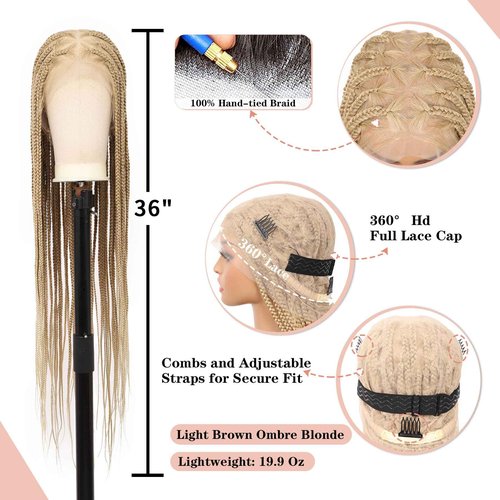 Lexqui 36" 360° HD Full Lace Braided Wigs for Women Box Braid Wig with Baby Hair Handamde Synthetic Hair Triangle Knotless Braided Wigs Natural Braid Lace Front Wig Blonde