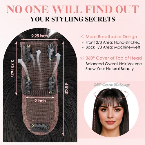 Hairro Human Hair Topper with Wispy Bangs, Clips on 360° 3D Cover Real Hairpieces Lightweight, 2.25"x6" Base for Women with High Hairline/Thinning Hair, 8 Inch Natural Black Bangs