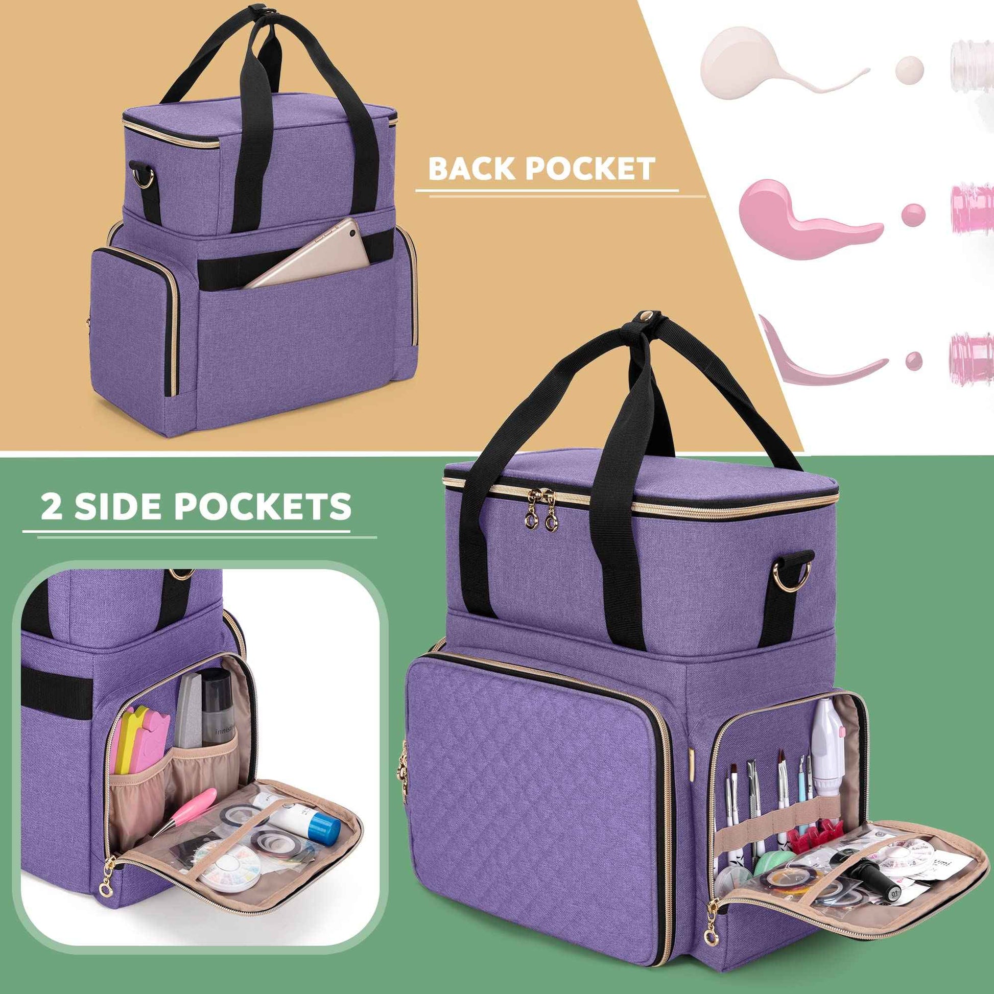 LUXJA Nail Polish Organizer Holds 70 Bottles and a Nail Lamp, Nail Polish Case with 2 Removable Bags and Tools Storage Pockets (Patent Pending), Purple