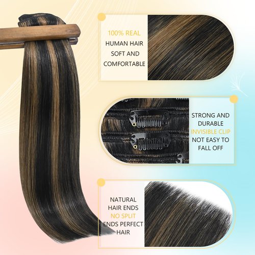 Newfeeling Clip in Hair Extensions Real Human Hair 22 inch 75g Straight Remy 100% Human Clips ins Extension #1BP6 Remy Hair Extensions Clip ins for Women