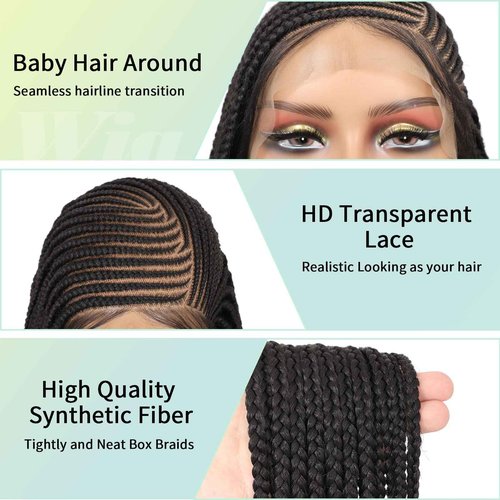 Fecihor 13x8 Inch HD Lace Front Cornrow Braided Wigs For Women Box Braid Wig With Baby Hair Back Lemonade Braids 36" Black Premium Synthetic Box Braided Wig Transparent Lace Front Braids Wigs