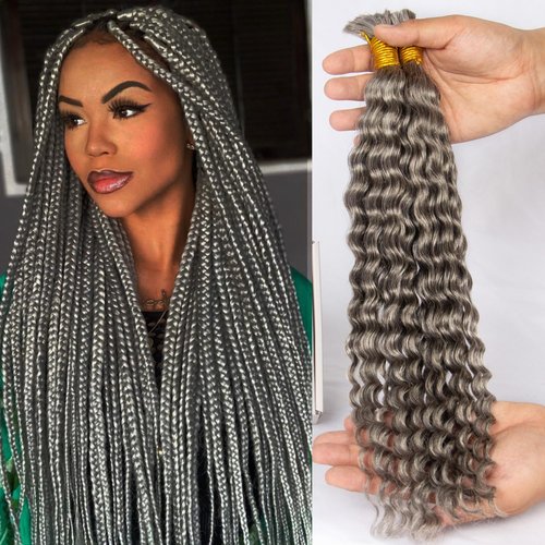 Topnormantic Human Braiding Hair for Boho Braids,Deep Curly Bulk Salt and Pepper Human Hair 100g 2 Bundles/Pack Brazilian Virgin Hair No Weft Wet and Wavy Gray Hair Extensions for Black Women 18 Inch