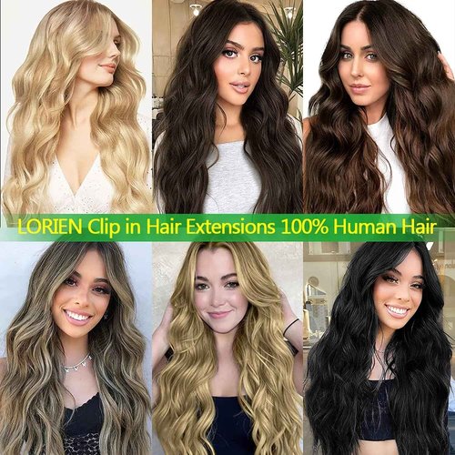 LORIEN Real Human Hair Clip in 100% Human Hair Extensions Brazilian Remy Human Hair Clip on Hair Extensions 8pcs Per Set with 18Clips Double Weft (20 Inch, 1B Natural Black)