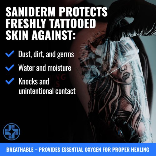 Saniderm Original Tattoo Aftercare Bandage (25 Sheets, 8 in x 10 in) – Convenient, Faster Tattoo Healing and Protection – Sterile, Waterproof, and Latex-Free Tattoo Aftercare Wrap – Gloss Finish