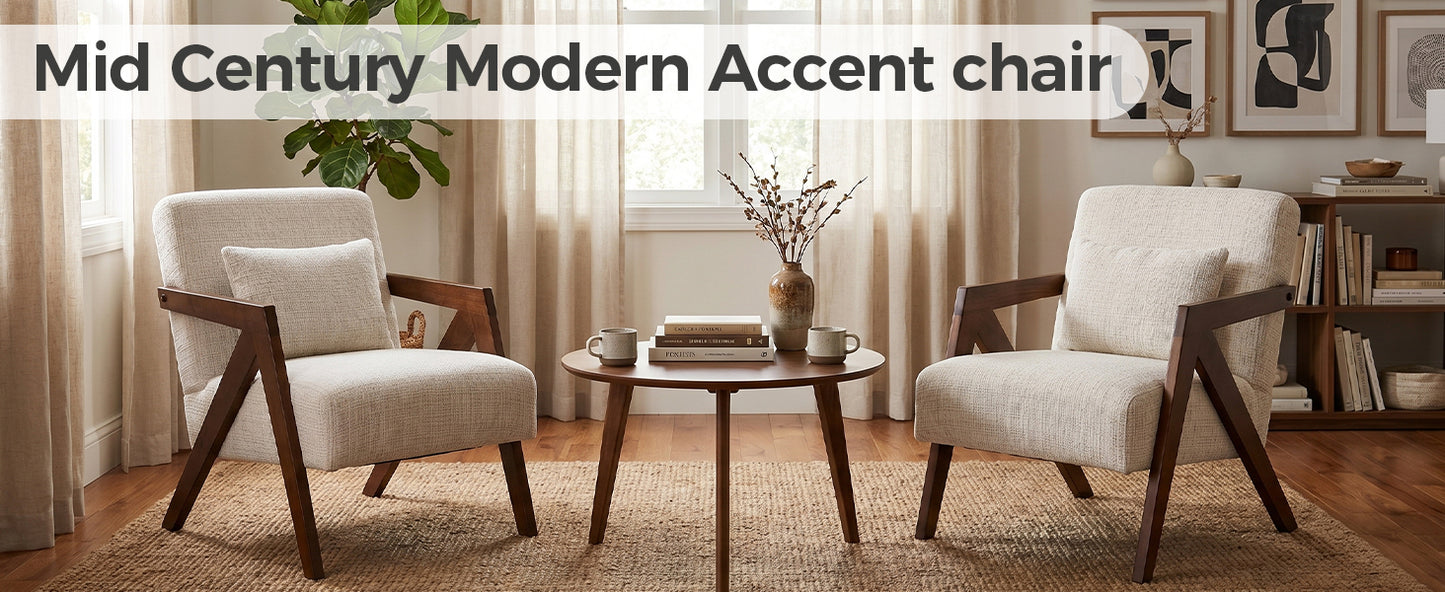Mid-Century Modern Accent Chair - Solid Wood & Upholstered Chenille - Beige