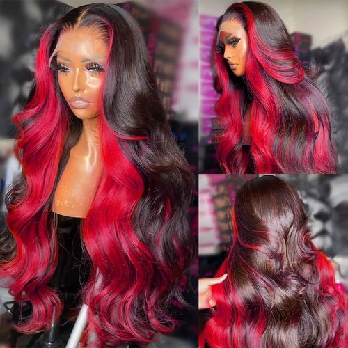 GAIWAC Red Burgundy Colored Wig Human Hair Ombre Skunk Strip 13x6 99J Burgundy Lace Front Wigs Human Hair Ombre 200 Density Body Wave Pre Plucked 13x6 HD Lace Frontal Colored Wigs For Women 22 Inch