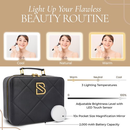 BAREZ Premium PU Leather Makeup Bag With LED Mirror - 3 Brightness Mirror Light Settings - Adjustable Dividers - Removable Mirror Waterproof Cosmetic Travel Bag (Black)