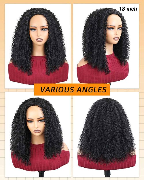 ‌Kinky Curly Half Wig Human Hair With Drawstring 200% Density, Seamless 3 In 1 Flip Over Afro Kinky Curly Wig Human Hair Glueless Wear and Go Headband Curly Half Wigs for Black Women 18 Inch
