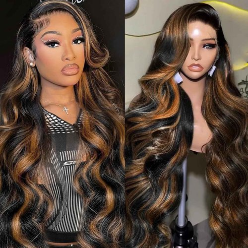 Vemalin Highlight Ombre Lace Front Wig Human Hair Body Wave Lace Front Wigs Human Hair Pre Plucked 13x4 1B/30 Brown Highlight Wig 200 Density Colored 26 Inch Balayage Wigs for Women