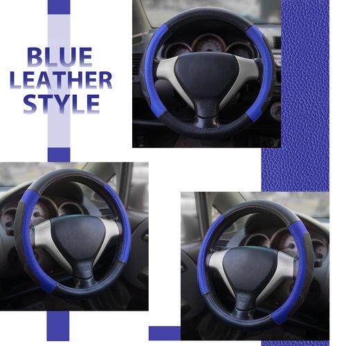 Elantrip Steering Wheel Cover Leather 14 1/2 to 15 inch Universal Padded Soft Grip Breathable for Car Truck SUV Jeep Anti Slip Blue and Black