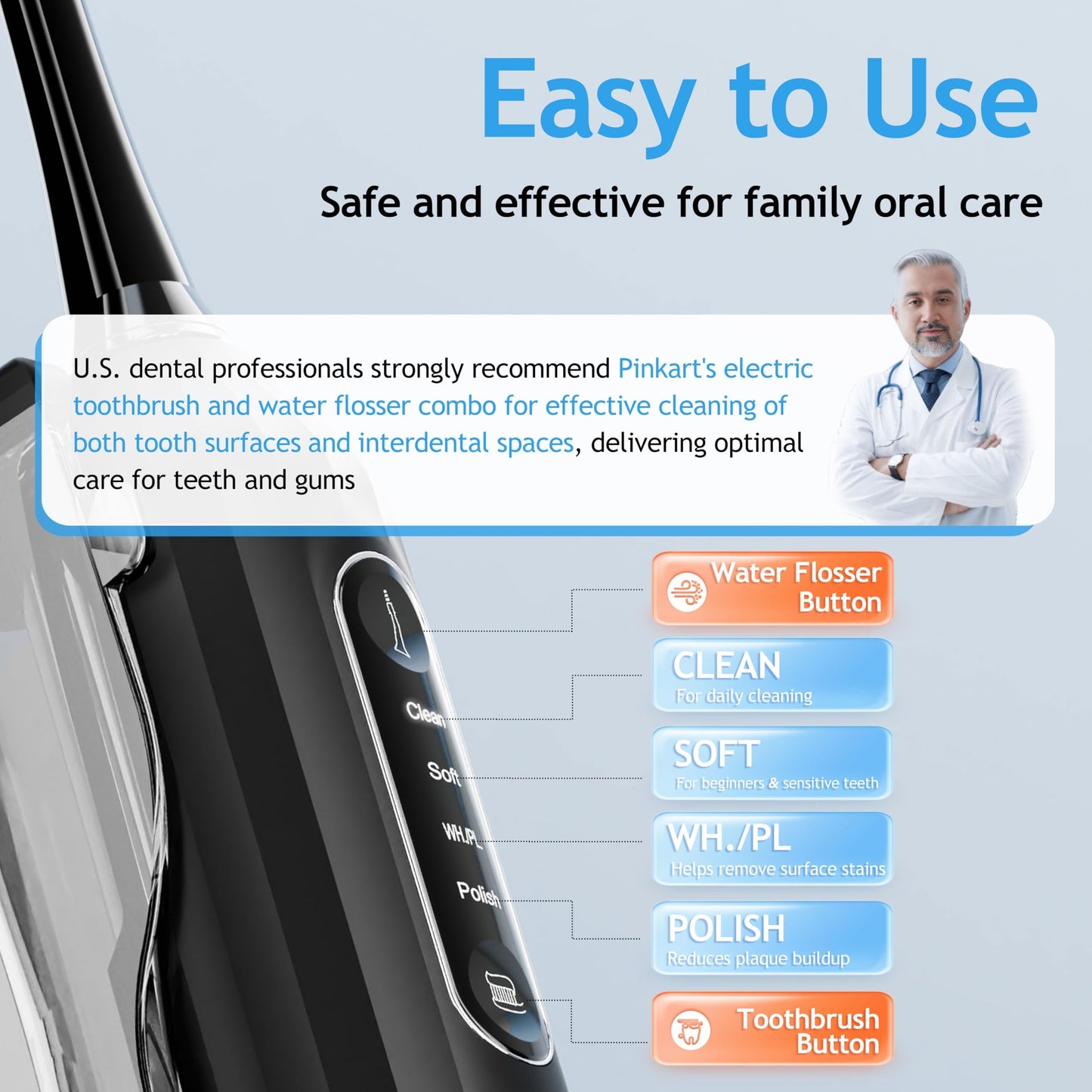 Pinkart Electric Toothbrush with Water Flosser Combo for Adults, 8 Brush Heads, 1 Flosser Tip, 1 Tongue Scraper, 1 Hose, 1 Water Tank – Ideal for Travel and Oral Health(Black and Gray)