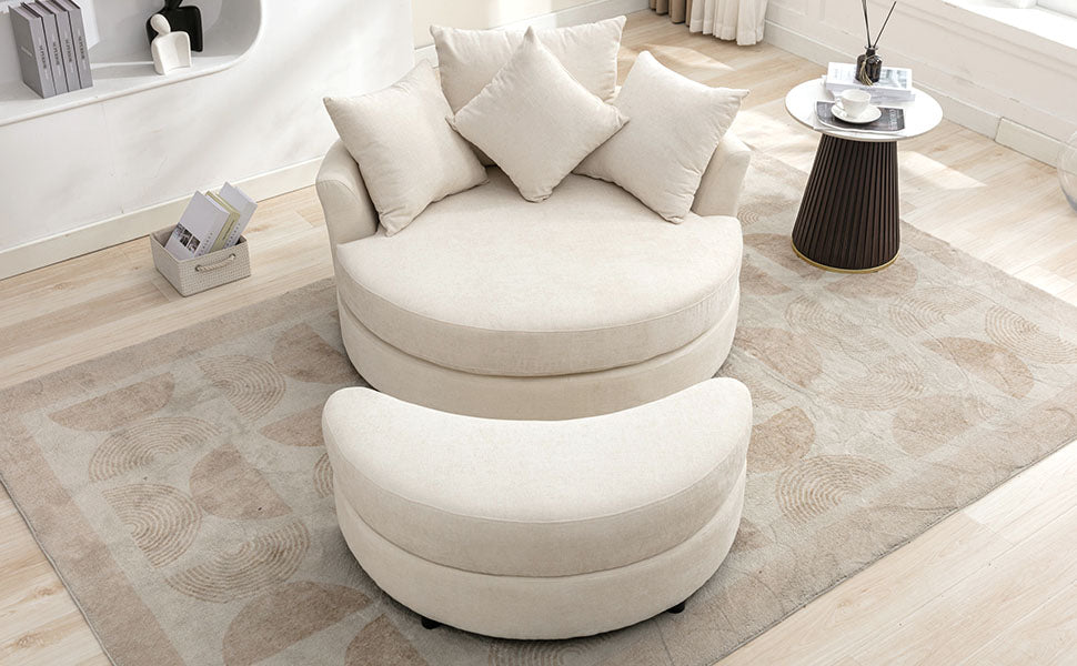 360° Swivel Accent Barrel Chair with Storage Ottoman & 4 Pillows - Cream