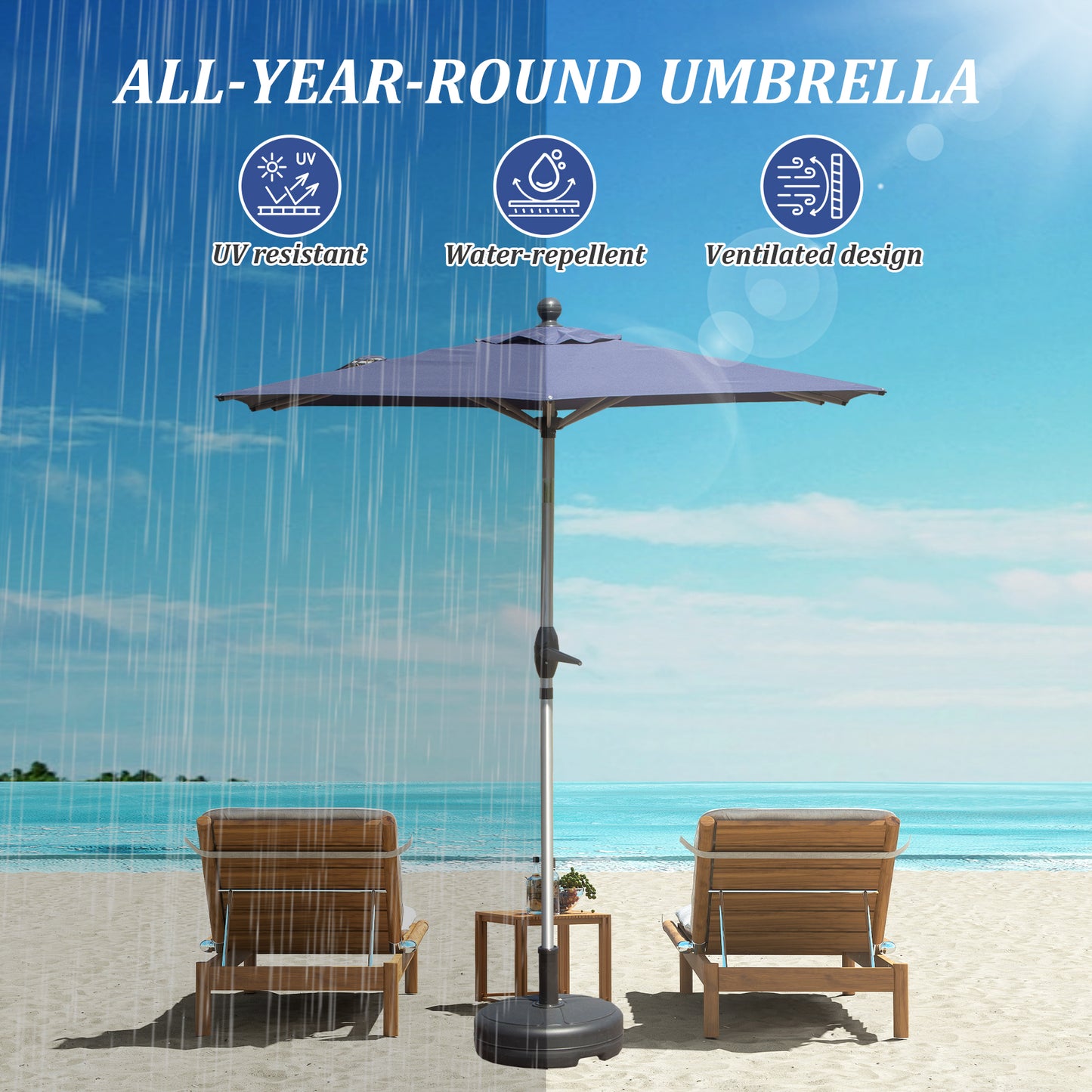 Rectangle Patio Umbrella With Crank Lift And Tilt Function, Navy Blue