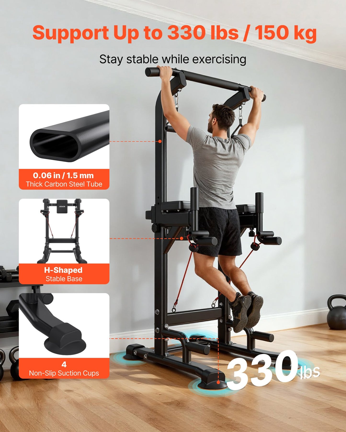 Power Tower Pull Up Bar for Home Gym - 330 LBS Weight Capacity, Adjustable Height, Stable H-Shaped Base
