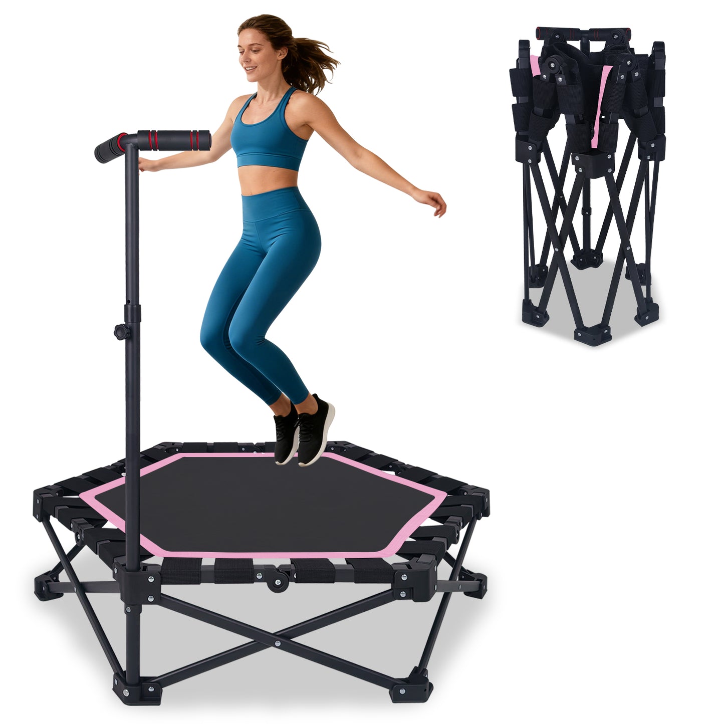 Foldable Mini Trampoline for Adults - 330lbs Capacity, Adjustable T-Bar, Indoor & Outdoor Workout - Pink