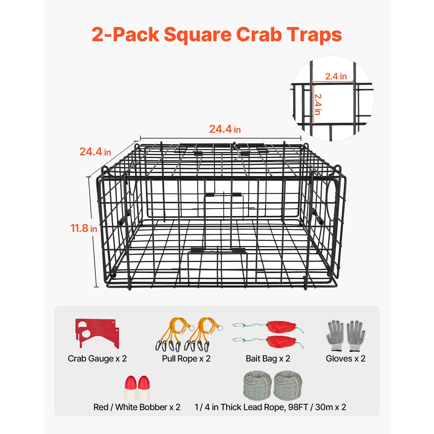 Heavy Duty Crab Trap Set with Wire Mesh, Float, Rope & Gloves - 24.4x24.4x11.8 Inch