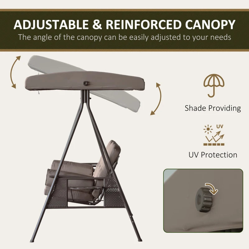 3-Seat Outdoor Patio Swing Chair with Adjustable Canopy - Brown Frame