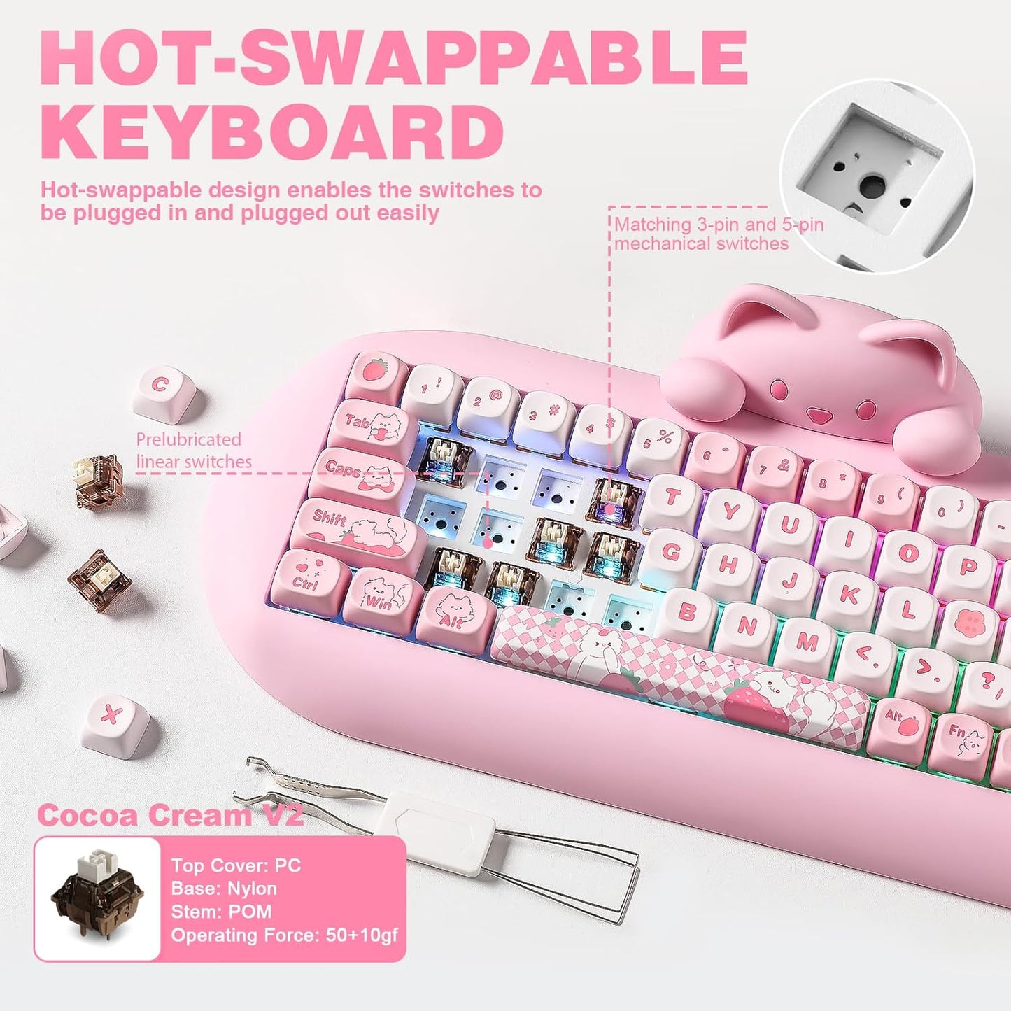 YUNZII C68 Panda Wireless Mechanical Gaming Keyboard, 68 Keys Cute Layout with PBT Keycaps,RGB Backlit, Hot Swappable,Creamy Switches,BT5.0/2.4G/Wired for Win/Mac(Black,Panda Switch)