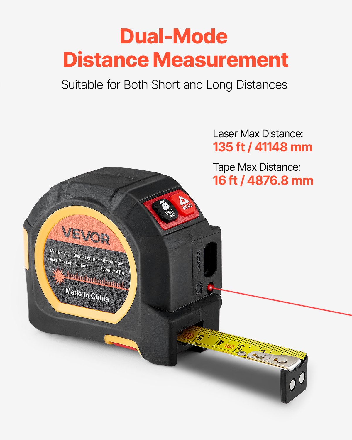 2-in-1 Laser Tape Measure with 135ft Rechargeable & 16ft Magnetic Tape