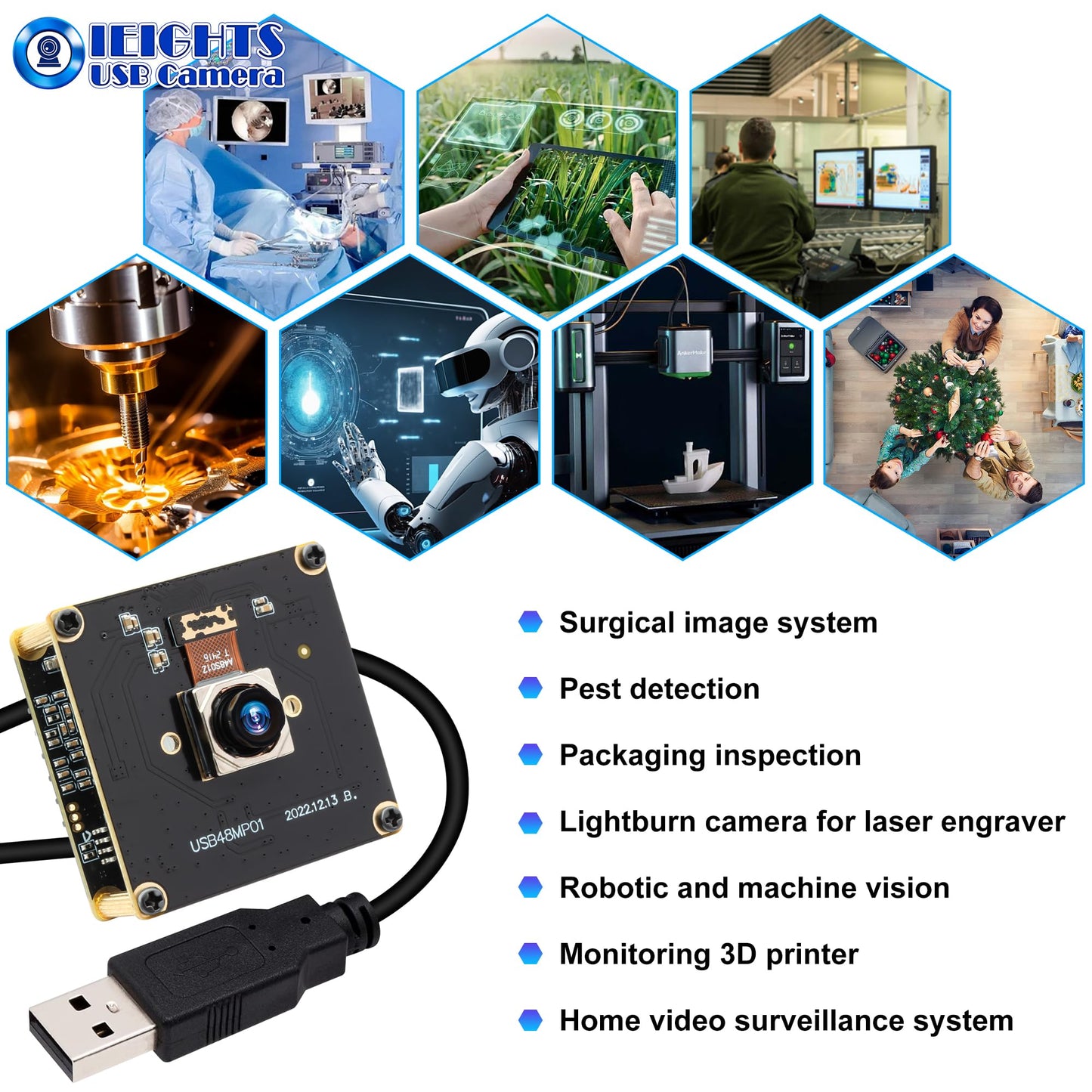 48MP Wide Angle USB Camera Module 200ms Fast Autofocus Webcam Board 100degree No Distortion Lens PC Camera Mini UVC USB2.0 Backup Cam UHD Second Webcamera 6000P Lightburn_Cam for Laser Engraver