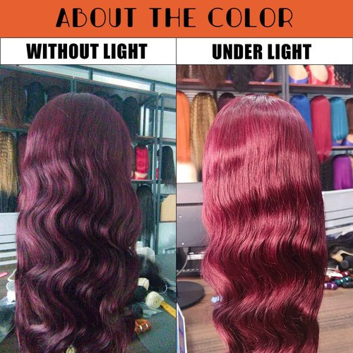 99j Burgundy Lace Front Wigs Human Hair Pre Plucked 13x6 Lace Frontal Human Hair Wigs for Black Women Body Wave Glueless Human Hair Wig 180% Density Pre Plucked Bleached Knots with Baby Hair （26 Inch）