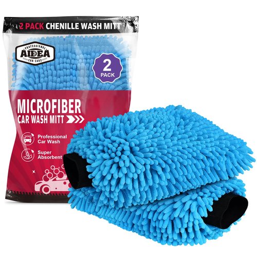 AIDEA Car Wash Mitt Microfiber-2PK, Scratch-Free& Lint-Free, Premium Chenille Microfiber Wash Mitt-Blue Regular Size (7.12''X10.14'')