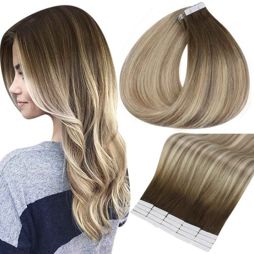 Full Shine Invisible Tape in Hair Extensions Seamless Real Hair Extensions Tape in Dark Brown Roots 3/8/22 Balayage Tape in Hair Extensions 22 Inch and 24 Inch