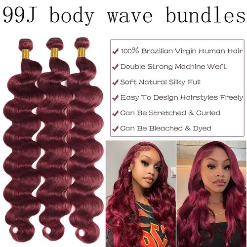 Fabimiya Bundles Human Hair Body Wave Burgundy 99J Human Hair Bundles Unprocessed Brazilian Virgin Hair Bundles Burgundy 99J Human Hair Bundles Quick Weave Hair Extension
