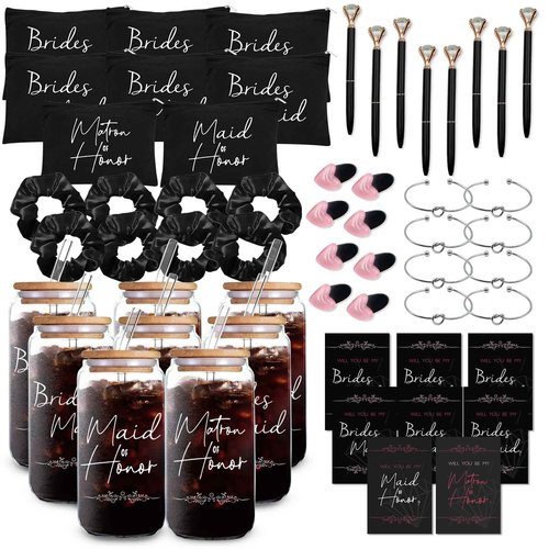 56 pcs Bridesmaid gifts bridesmaid proposal gifts, Maid of Honor Gifts contain 16oz Glass Cups Cosmetic Makeup Bags Invited Cards Scrunchies Hair Knotted Bracelets Diamond Pens love clip (Black)