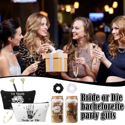Hushee 30 Pcs Bride or Die Bachelorette Party Supplies Till Death Bridesmaids Gifts 16 oz Glass Cup Makeup Bag Scrunchy Knotted Bracelet Diamond Pen for Gothic Halloween Bridal Shower Wedding Supplies