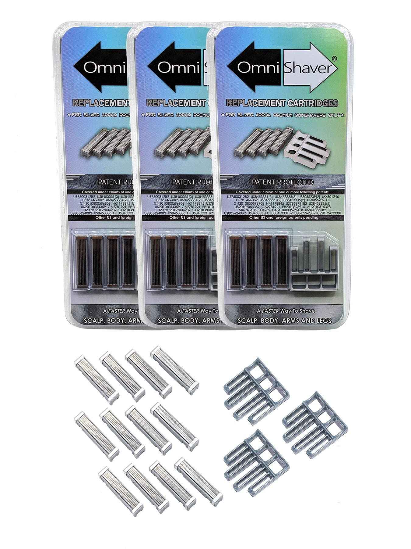 3 Pack Premium Omnishaver Replacement Cartridge Refill Kit with One Blade Removal Tool - An Alternative to Disposable, Self Cleans & Strops During Use - Durable Smooth & Comfortable 12 Cartridges