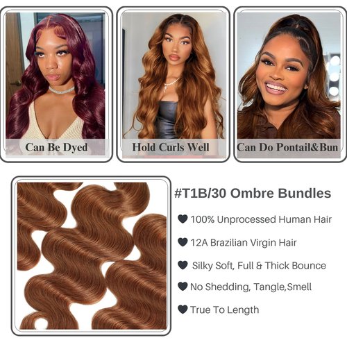 ALHER T1B/30 Human Hair Bundles Body Wave, 12A Ombre Brown Colored 3 Bundles Dark Root Two-tone, 100% Brazilian Virgin Remy Human Hair for Black Women Soft Thick Wavy 12 14 16 Inch