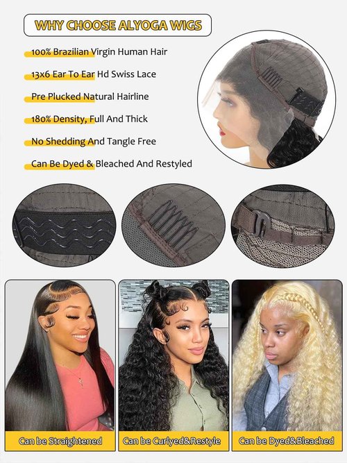 ALYOGA 13x6 Water Wave Lace Front Wigs Human Hair 180 Density Pre Plucked with Baby Hair Water Wave Wigs for Women Glueless Natural Color 22 inch