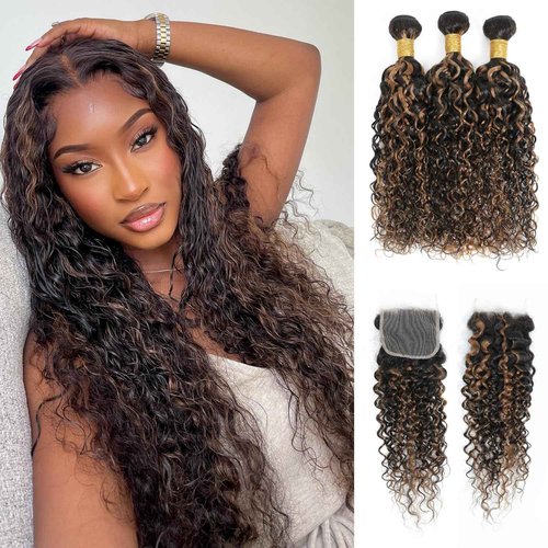 Anmetan Honey Blonde Highlight F1B30 Bundles with Closure Water Wave Human Hair, Soft Wet and Wavy 12A Black and Brown Remy Ombre Color Curly 100% 3 Bundles with 4x4 HD Lace Closure 10 12 14 + 10 In