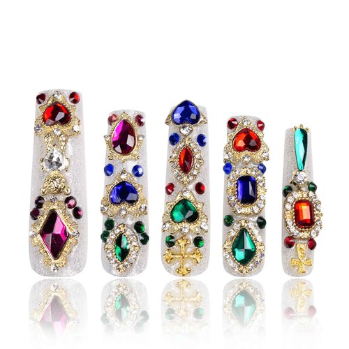 LOVFUL Press on Nails Treasure Trove Rhinestone | Handmade with Full Covered Crystals | Reusable Full Cover Nails | Square Mid length 1.7 in | H103-L