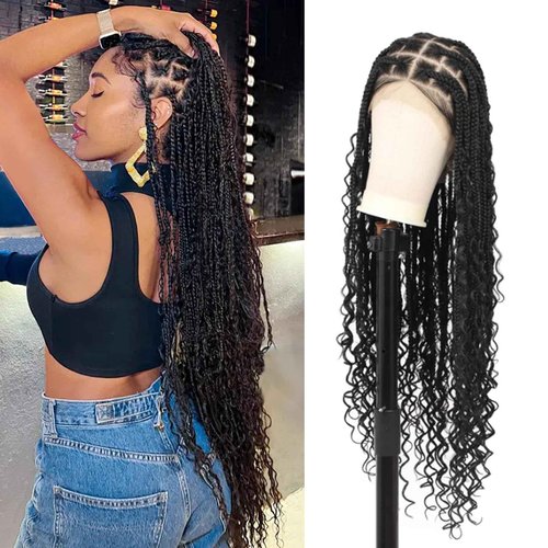 Zurffiy 360° HD Full Lace Knotless Boho Braided Wigs for Women Box Braid Wig With Baby Hair Premium Synthetic Braided Lace Front Wigs Natural Black 36 Inch
