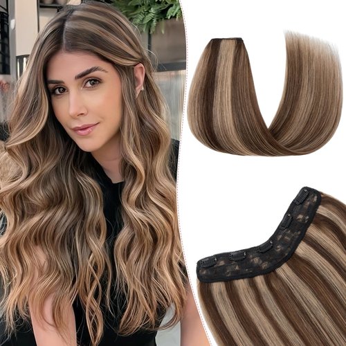 SEGO Pro One Pieces Clip in Hair Extensions Human Hair Upgraded V-Shaped 5 Clips in Hair Extensions Human Hair Long One Piece Hairpiece for Women,16 Inch,#4P27 Medium Brown mixed Dark Blonde,65g