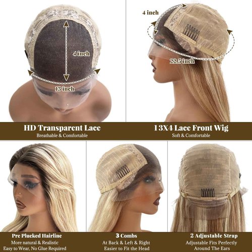 Belaved 20 Inch Highlight Blonde Lace Front Wigs Human Hair Ombre Medium Brown with Golden Blonde Real Human Hair Glueless 150% Density 13x4 Straight Lace Frontal