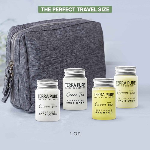 Terra Pure Green Tea Toiletries Set | 1-Shoppe Amenities Kit | 1oz Shampoo & Conditioner, Body Wash, Lotion | Travel Size | 80 Pieces