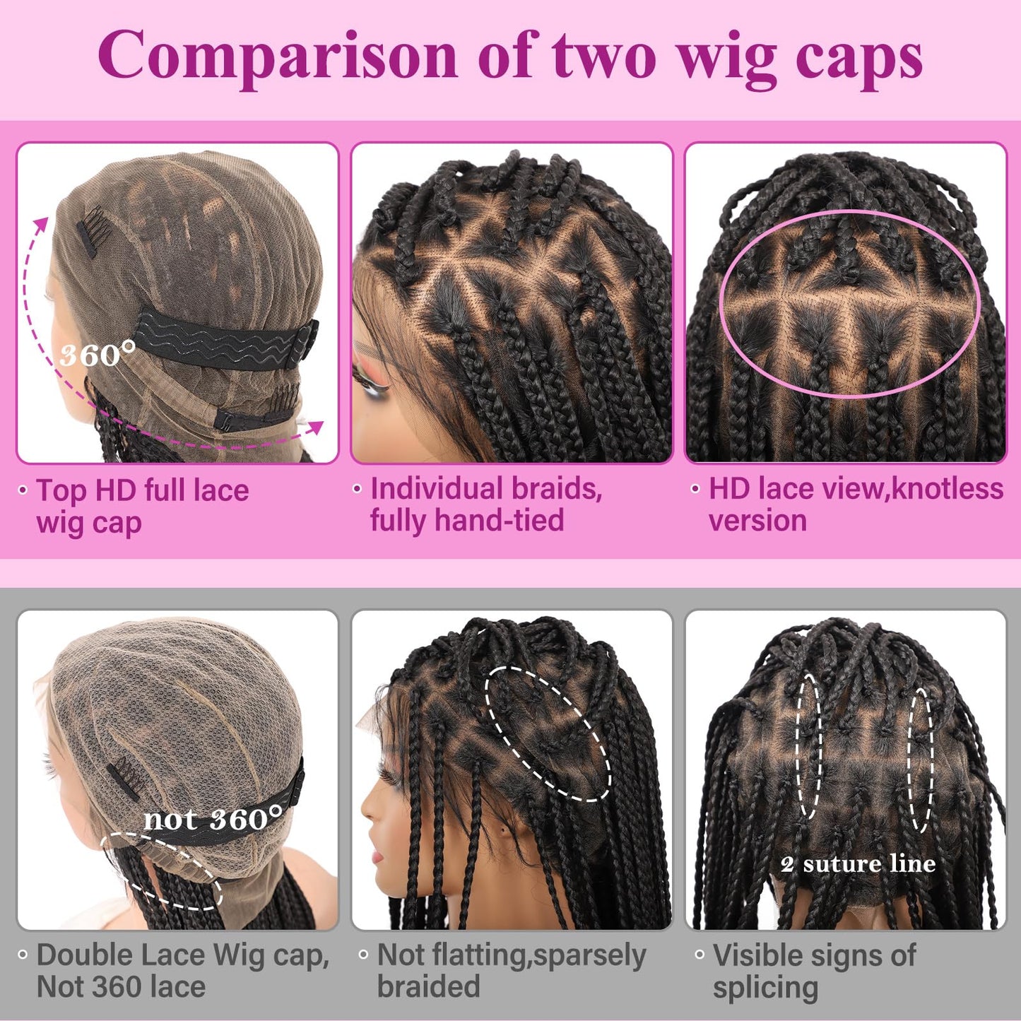 KERNORV 360° HD Full Lace Triangle Knotless Braided Wigs for Women Boho Braided Wigs with Curly Ends Full Lace Box Braid Wig with Baby Hair Premium Synthetic Braided Lace Front Wig 36" Black