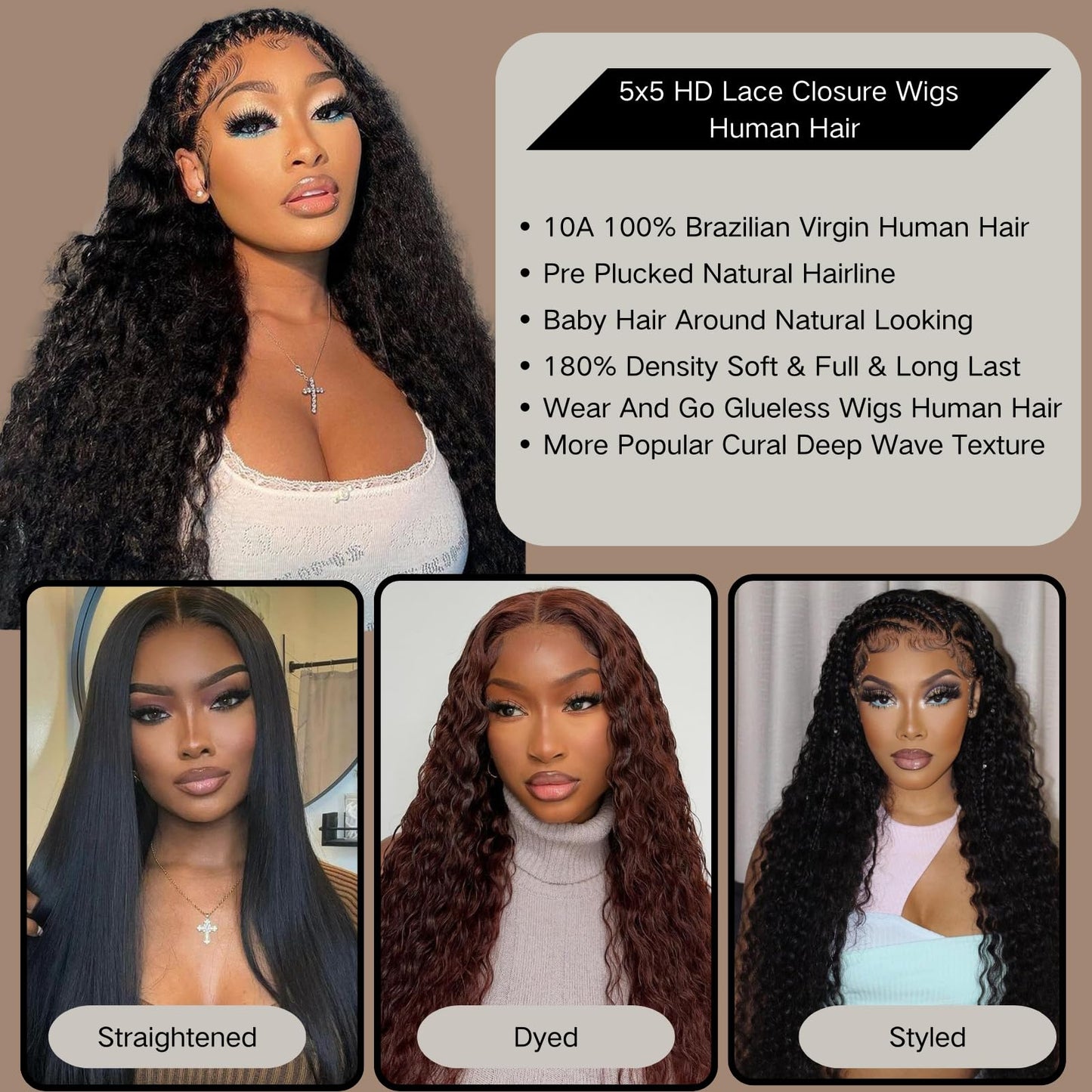 24 Inch Glueless Wigs Human Hair Pre Plucked Pre Cut 5x5 HD Lace Closure Wigs Human Hair Closure Wigs Human Hair 180% Density Deep Wave Lace Front Wigs Human Hair Natural Color