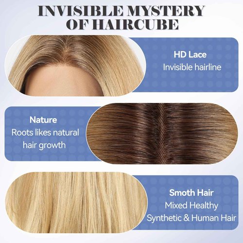 HAIRCUBE Human Hair Wig Lace Front Wig Ombre Ash Blonde Glueless Layered Shoulder-Length HairWigs for Women, Human Hair Blend, 13"×5"×1" HD Lace, 18 Inch Daily Use