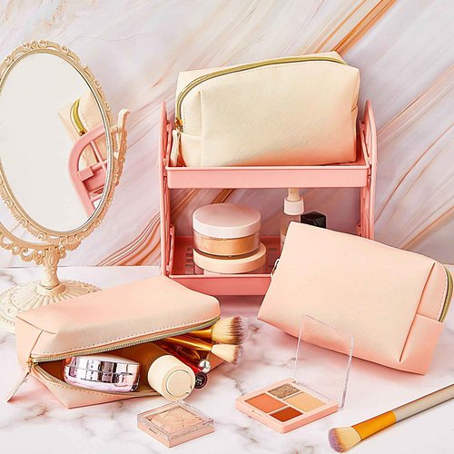 Cunno 24 Pcs Preppy Makeup Bag PU Leather Cosmetic Bag Makeup Pouch Plain Cosmetic Pouch Waterproof Toiletry Bags for Traveling Preppy Travel Purse Cosmetic Organizer
