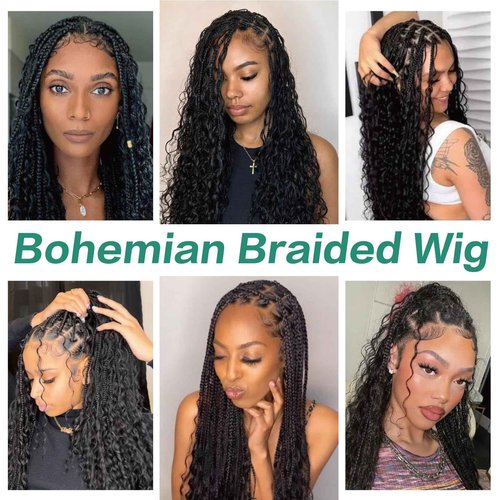 Humistwbiu Boho Box Braid Knotless Goddess Locs Wigs with Curly Ends Double Full Lace Square Synthetic Braided Wigs with Baby Hair for Woman Natural Black 36 Inch