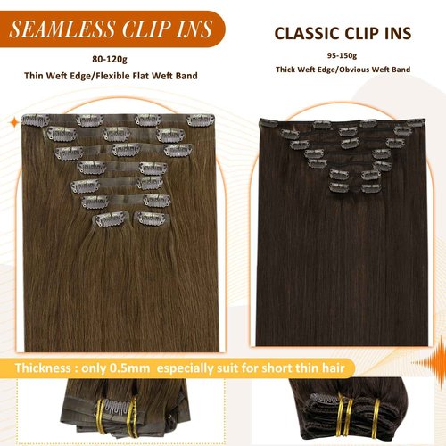Full Shine Seamless clip ins & Lace Clip ins Remy Hair Total Medium Brown 16 Inch